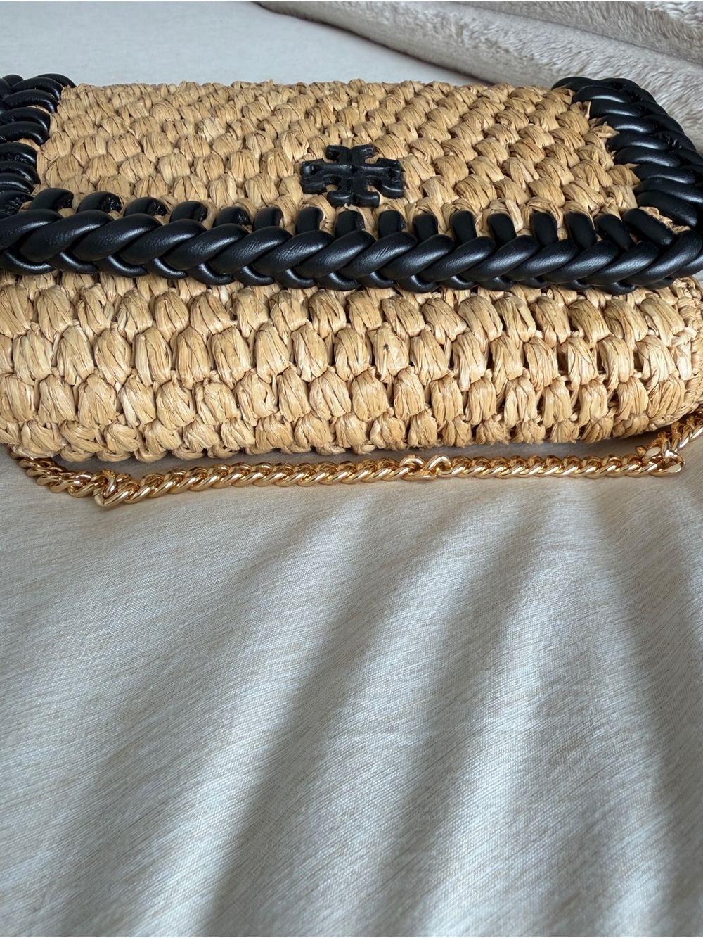 Tory Burch Tan Woven Crossbody with Black Trim and Gold Chain - Picture 6 of 8